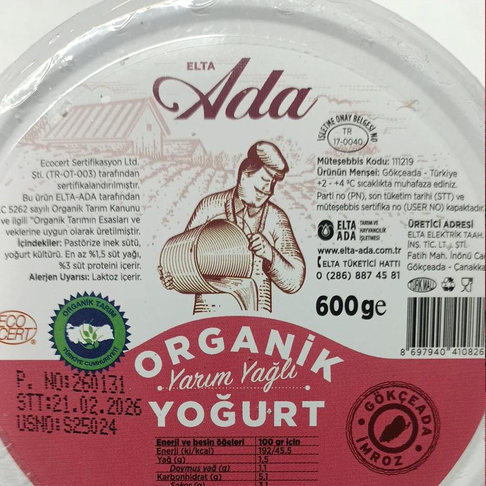 Organik Yarım Yağlı Yoğurt (600 gr) Ada