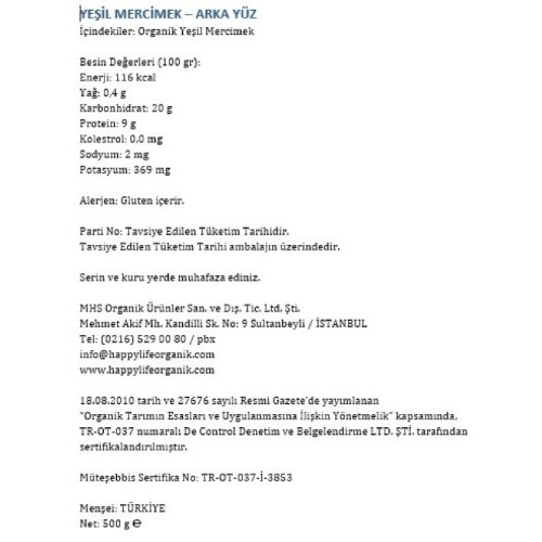 Organik Yeşil Mercimek (500 gr) Happy Life