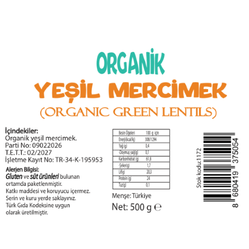 Organik Yeşil Mercimek- Muş (500 gr) Beyorganik(Pestisit ve Aflatoksin Analizli)
