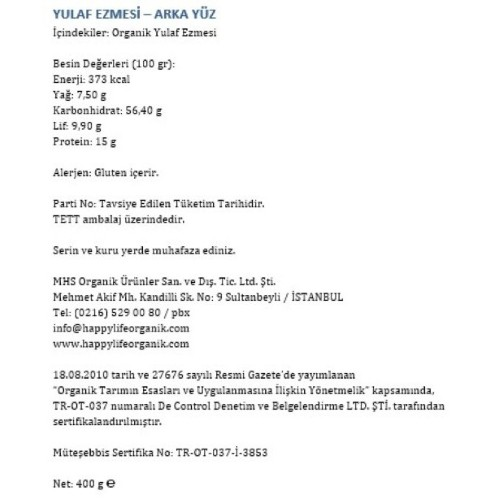 Organik Yulaf Ezmesi (400 gr) Happy Life