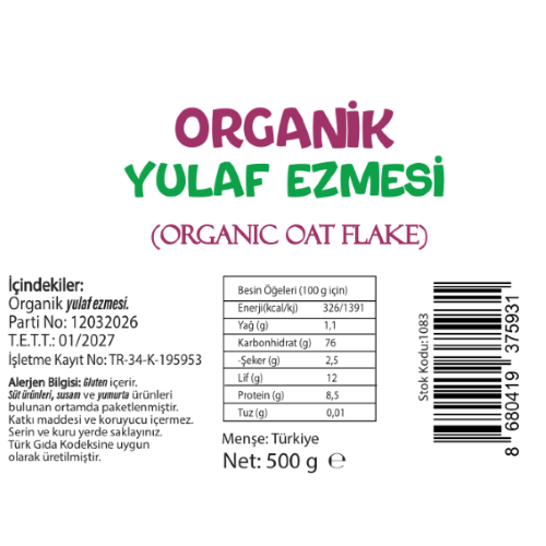 Organik Yulaf Ezmesi (500 gr) Beyorganik(Pestisit ve Aflatoksin Analizli)