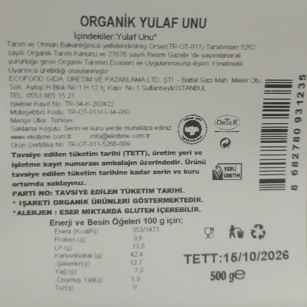 Organik Yulaf Unu (500 gr) Ekotime