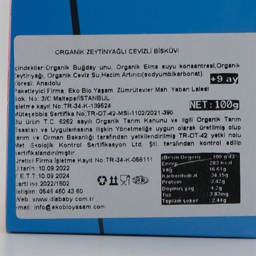 Organik Zeytinyağlı Cevizli Bisküvi (100 gr) Diababy