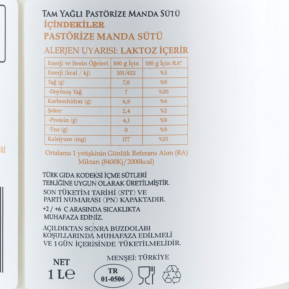 Pastörize Manda Sütü (1 litre) Mandamia