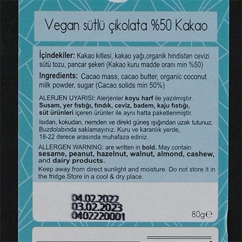 Vegan Sütlü Çikolata-%50 Kakao (80 gr) Aroha