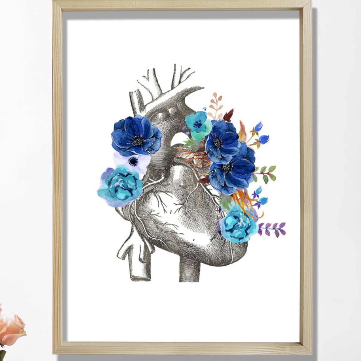 Anatomik Kalp, Çiçekli Kalp Sanatı, Kardiyoloji Doktor Duvar Tablosu