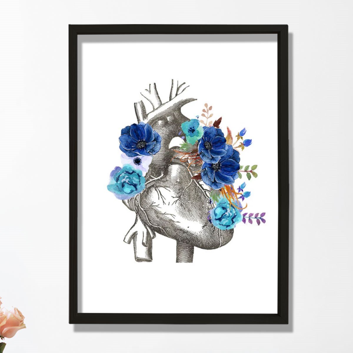 Anatomik Kalp, Çiçekli Kalp Sanatı, Kardiyoloji Doktor Duvar Tablosu