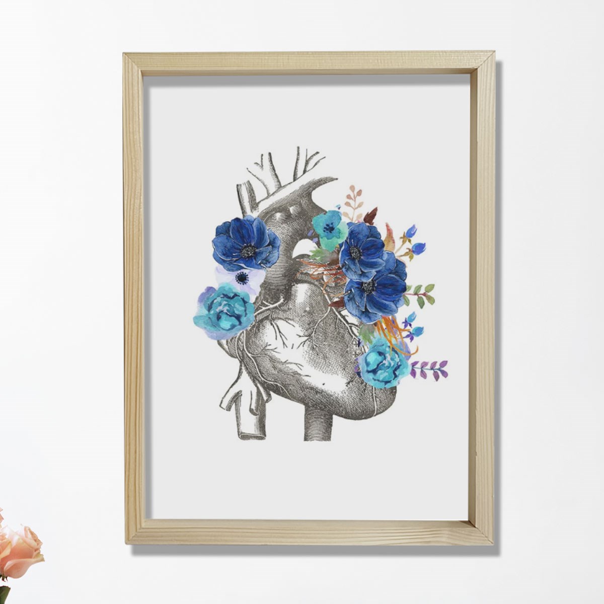 Anatomik Kalp, Çiçekli Kalp Sanatı, Kardiyoloji Doktor Duvar Tablosu