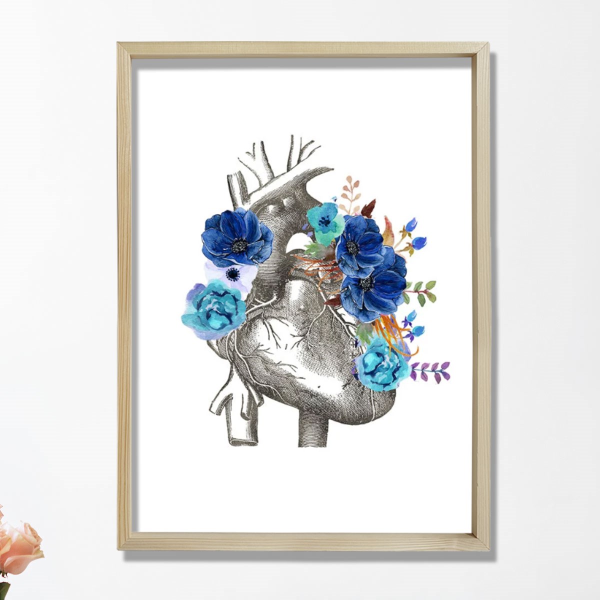 Anatomik Kalp, Çiçekli Kalp Sanatı, Kardiyoloji Doktor Duvar Tablosu