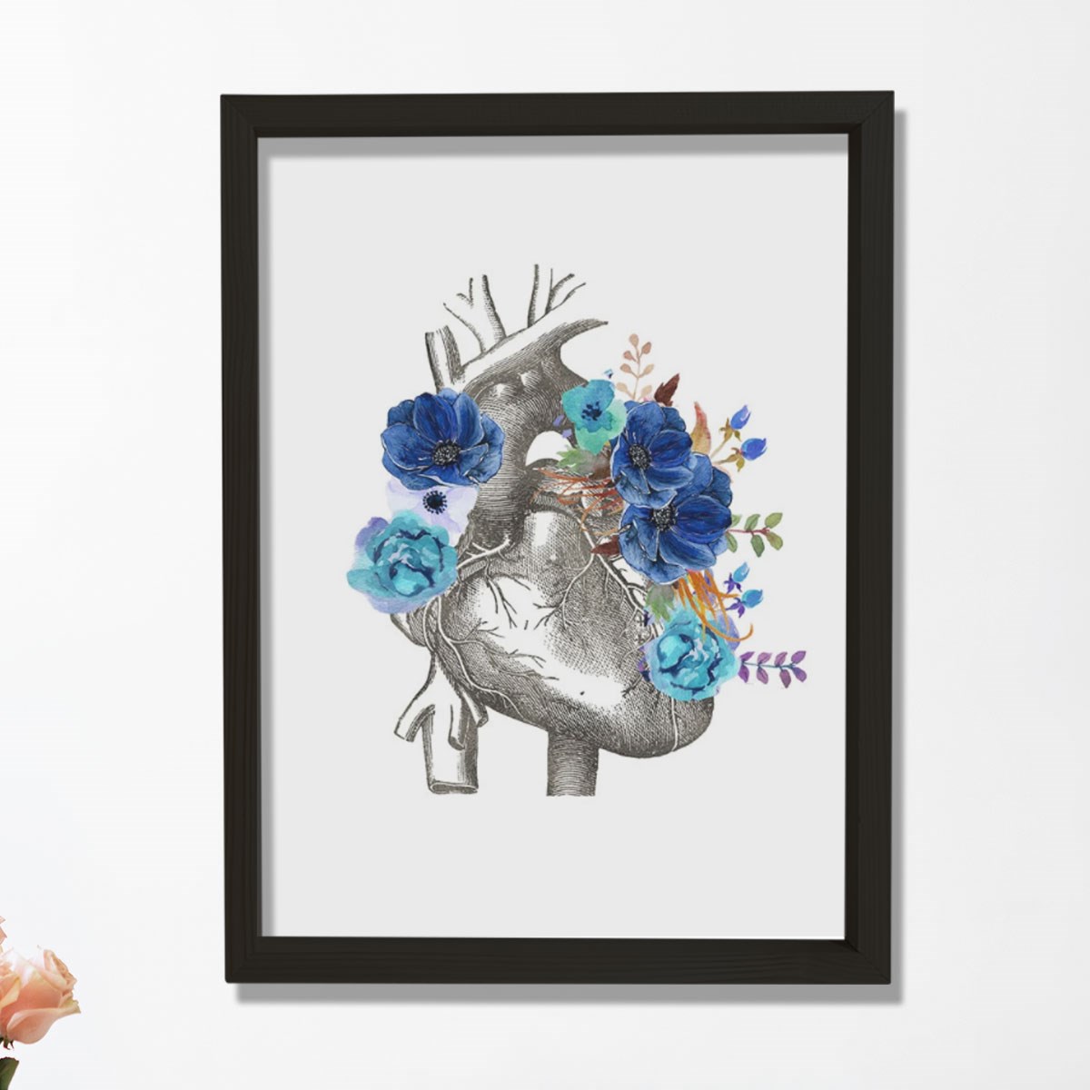 Anatomik Kalp, Çiçekli Kalp Sanatı, Kardiyoloji Doktor Duvar Tablosu