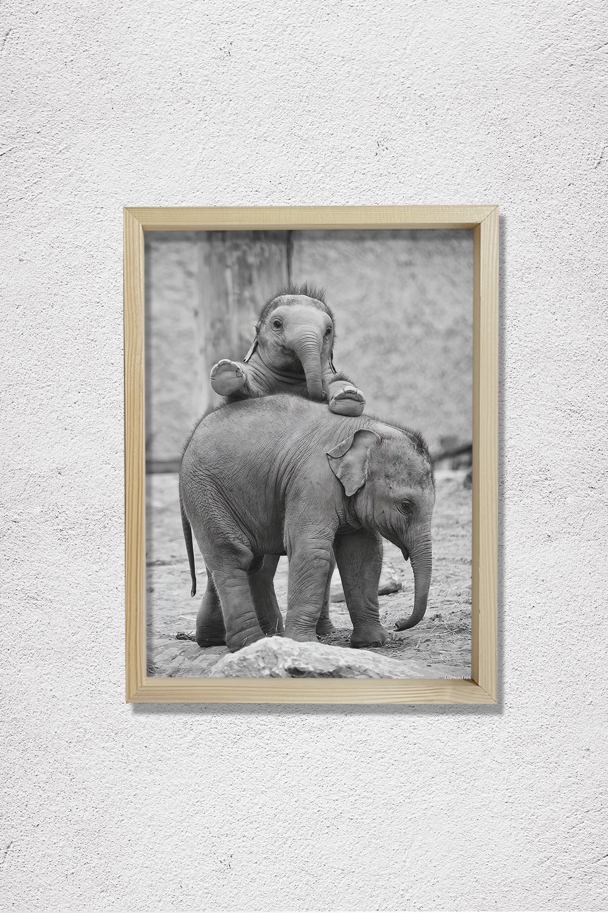 Anne Fil ve Yavrusu Doğal Ahşap Duvar Tablosu