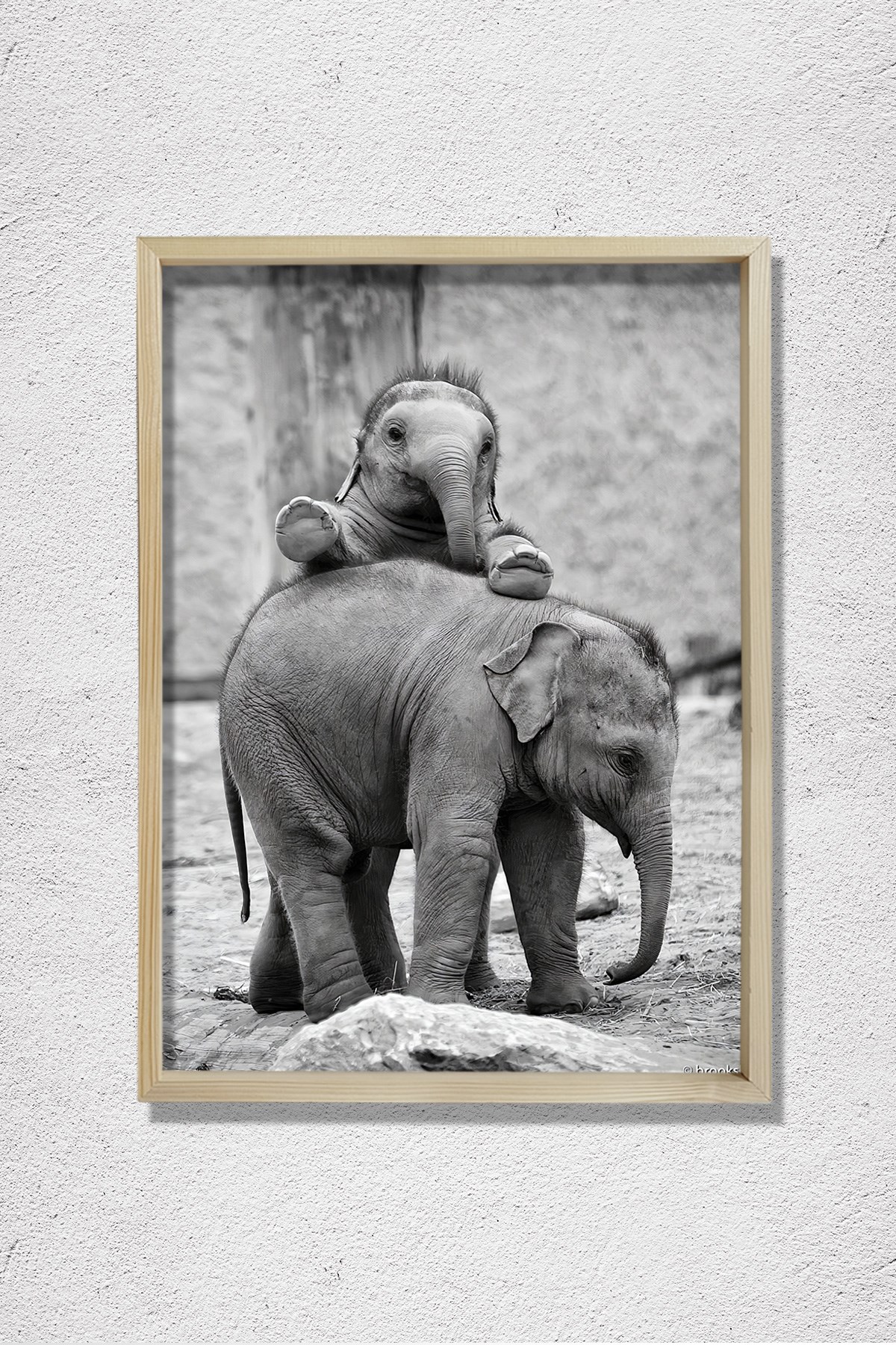 Anne Fil ve Yavrusu Doğal Ahşap Duvar Tablosu