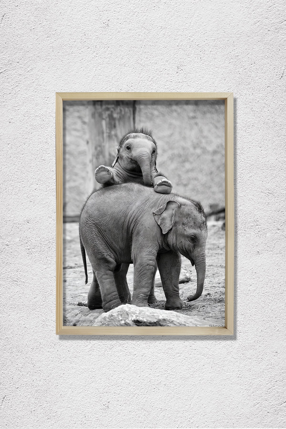 Anne Fil ve Yavrusu Doğal Ahşap Duvar Tablosu