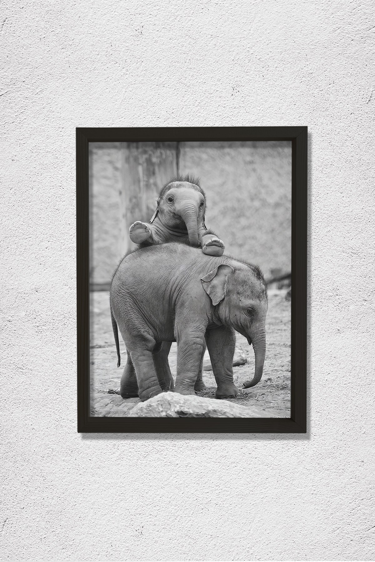 Anne Fil ve Yavrusu Doğal Ahşap Duvar Tablosu
