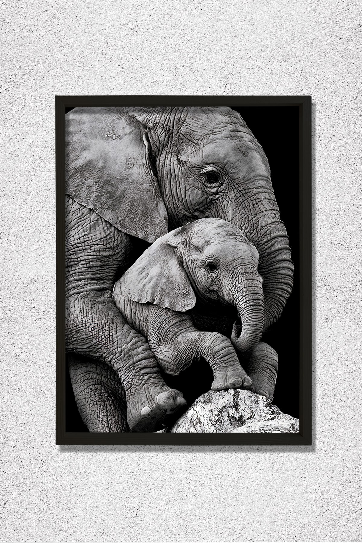 Anne Fil ve Yavrusu, Fil Sevgisi Doğal Ahşap Duvar Tablosu