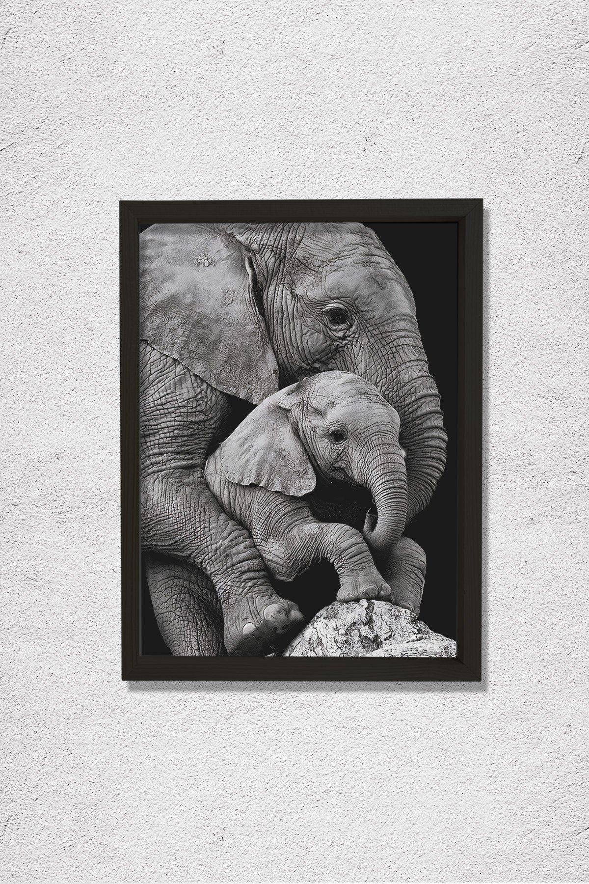 Anne Fil ve Yavrusu, Fil Sevgisi Doğal Ahşap Duvar Tablosu