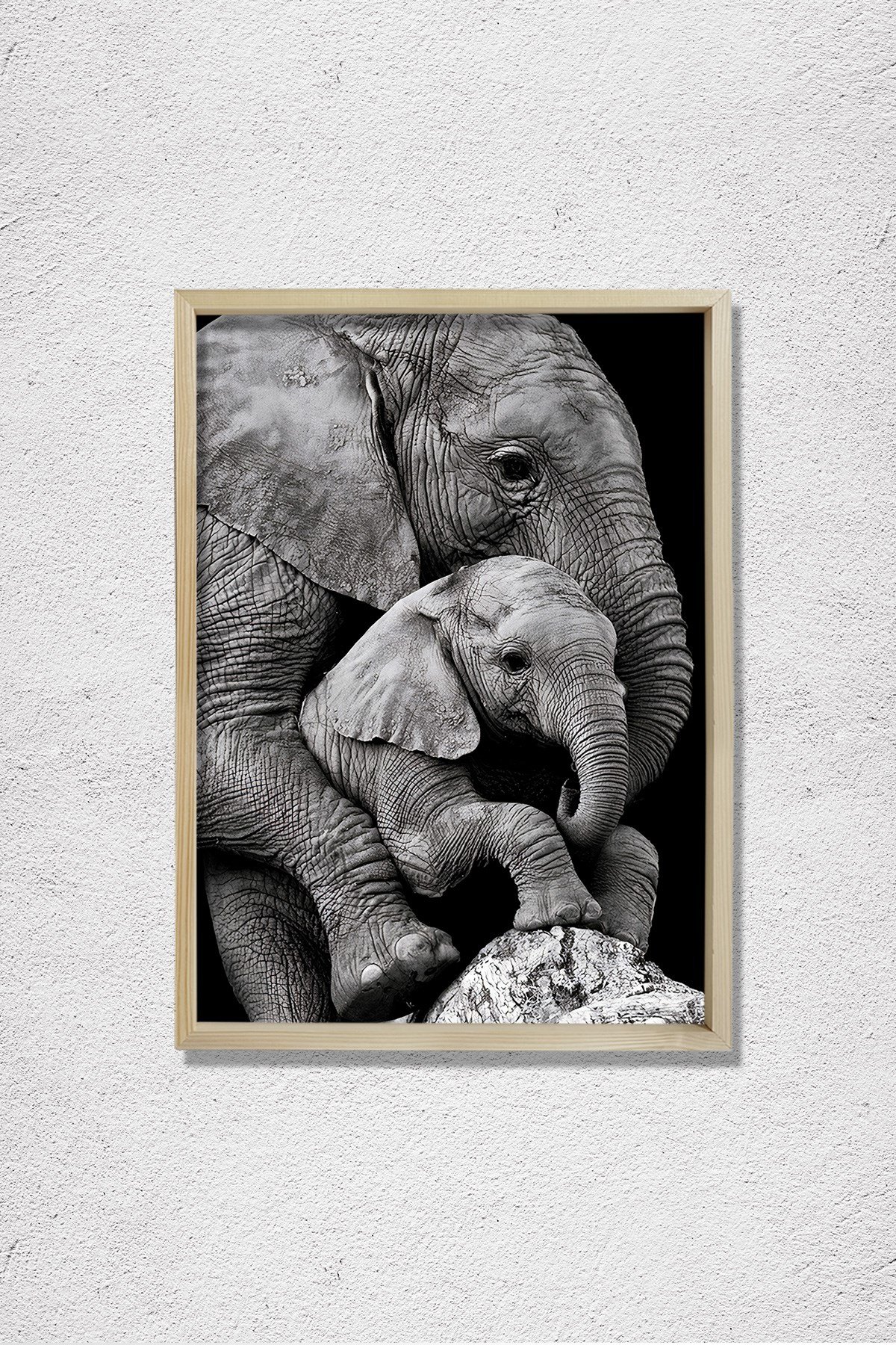 Anne Fil ve Yavrusu, Fil Sevgisi Doğal Ahşap Duvar Tablosu