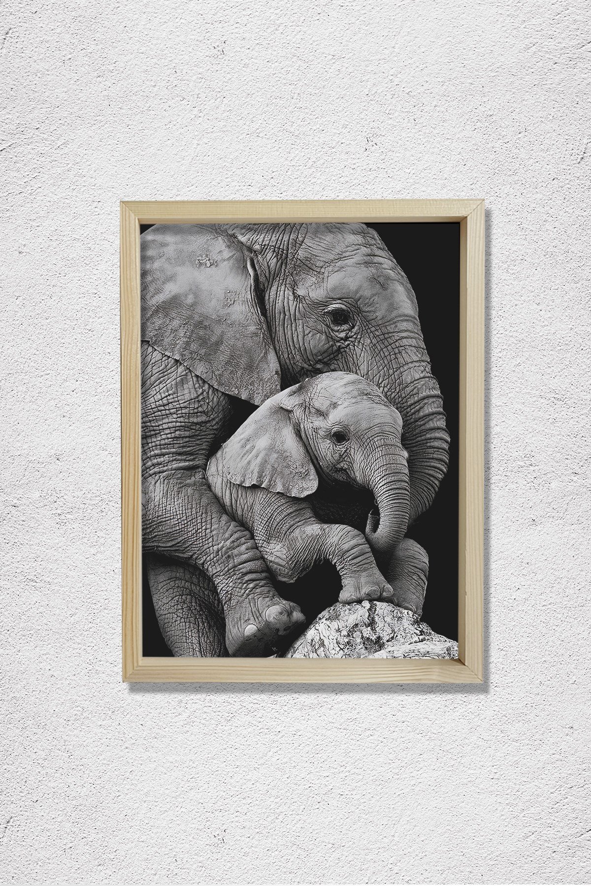 Anne Fil ve Yavrusu, Fil Sevgisi Doğal Ahşap Duvar Tablosu