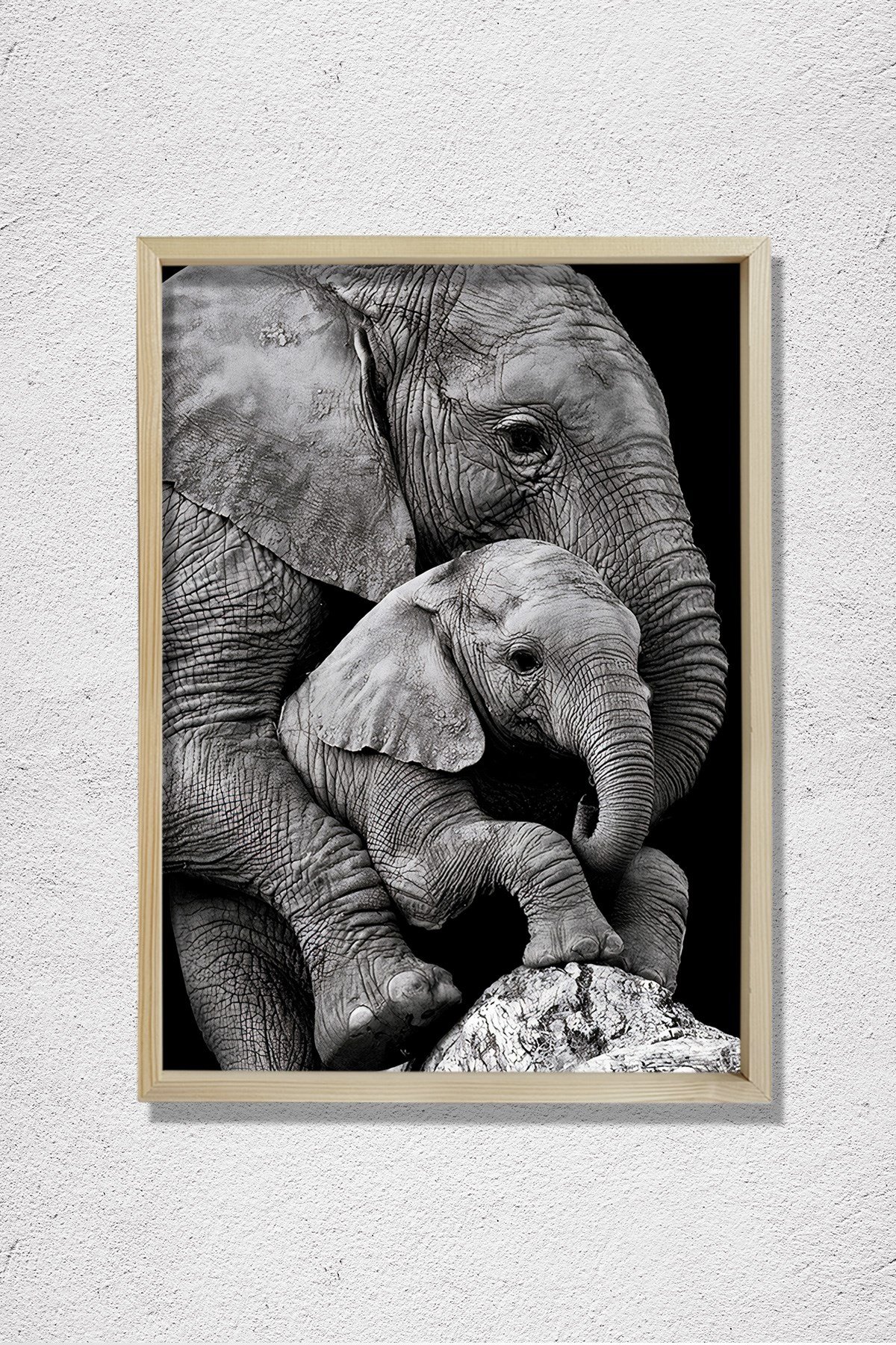 Anne Fil ve Yavrusu, Fil Sevgisi Doğal Ahşap Duvar Tablosu