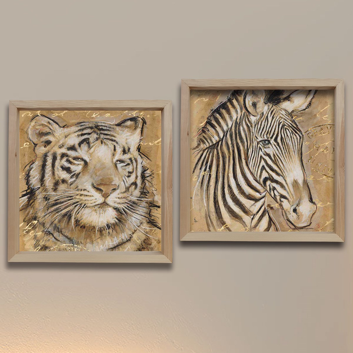 Dekor Loft Doğal Ahşap Çerçeveli Dekoratif Sanatsal ikili Tablo 33x33 Cm