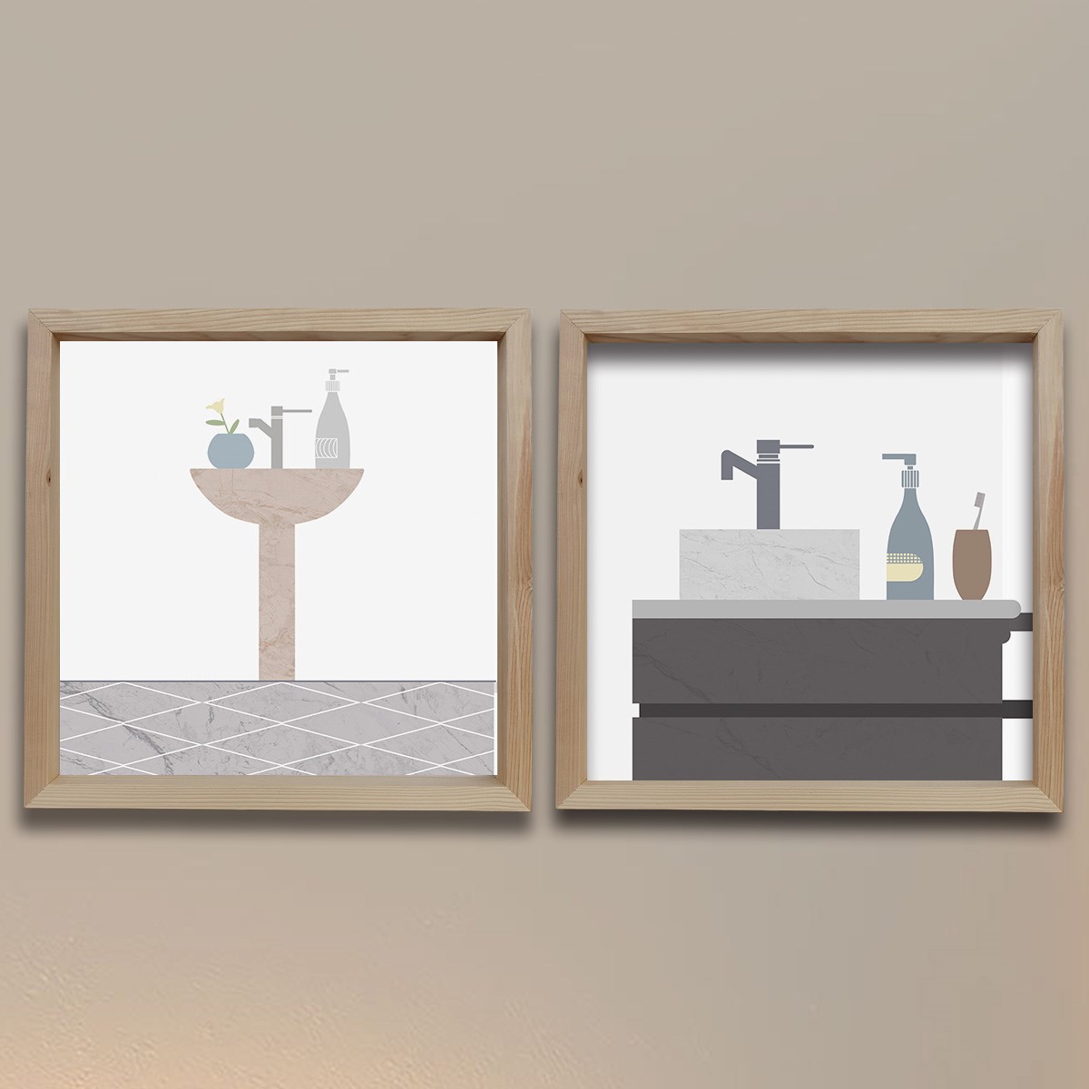 Dekor Loft Doğal Ahşap Çerçeveli Dekoratif Sanatsal ikili Tablo 33x33 Cm