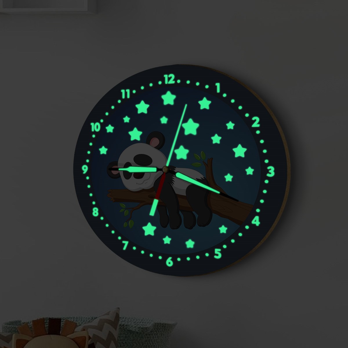 Dekor Loft Fosforlu Gece Parlayan Çocuk Odası Duvar Saati Uykucu Panda İyi Geceler