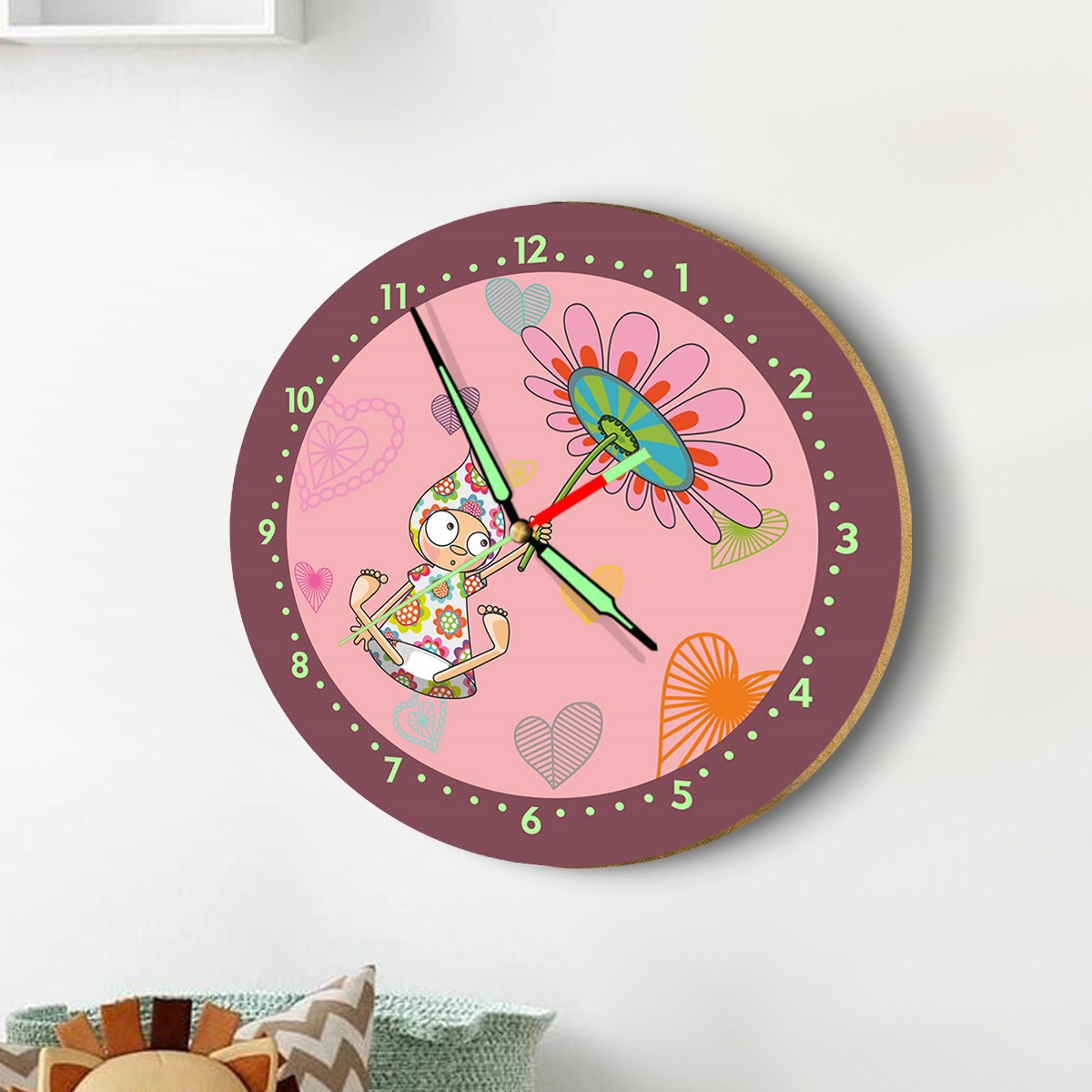 Dekor Loft Fosforlu Gece Parlayan Çocuk Odası Duvar Saati Çiçekli Ceren Bebek