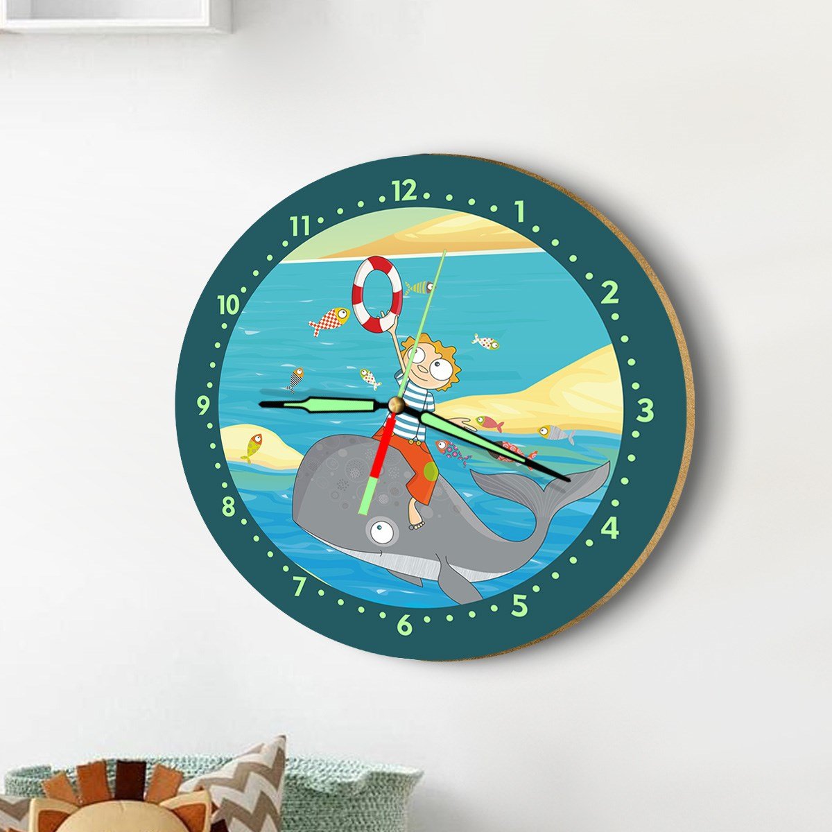 Dekor Loft Fosforlu Gece Parlayan Çocuk Odası Duvar Saati Neşeli Balina