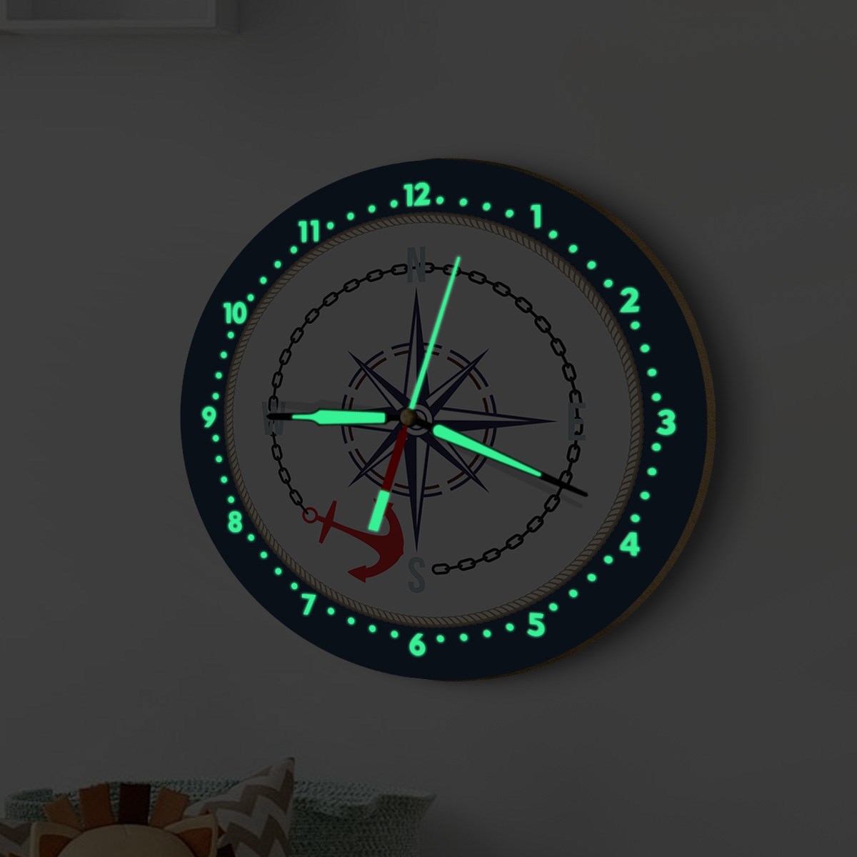 Dekor Loft Fosforlu Gece Parlayan Çocuk Odası Duvar Saati Denizci Çapası