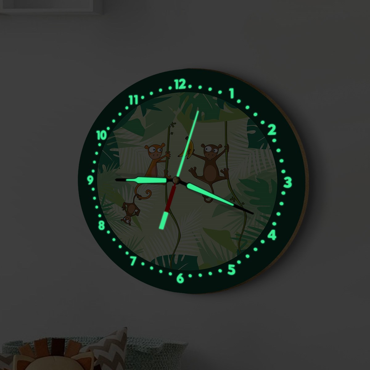Dekor Loft Fosforlu Gece Parlayan Çocuk Odası Duvar Saati Maymunlar Ormanda