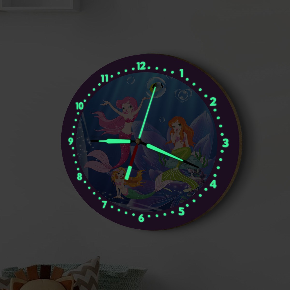 Dekor Loft Fosforlu Gece Parlayan Çocuk Odası Duvar Saati Denizkızı