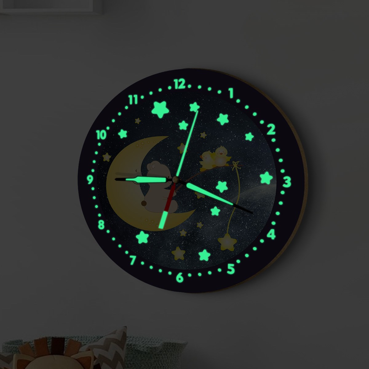 Dekor Loft Fosforlu Gece Parlayan Çocuk Odası Duvar Saati Aydede ve Ayıcık İyi Geceler