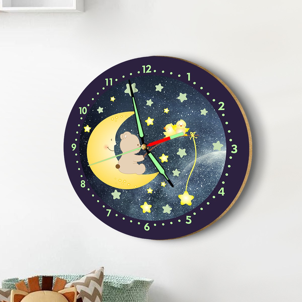 Dekor Loft Fosforlu Gece Parlayan Çocuk Odası Duvar Saati Aydede ve Ayıcık İyi Geceler