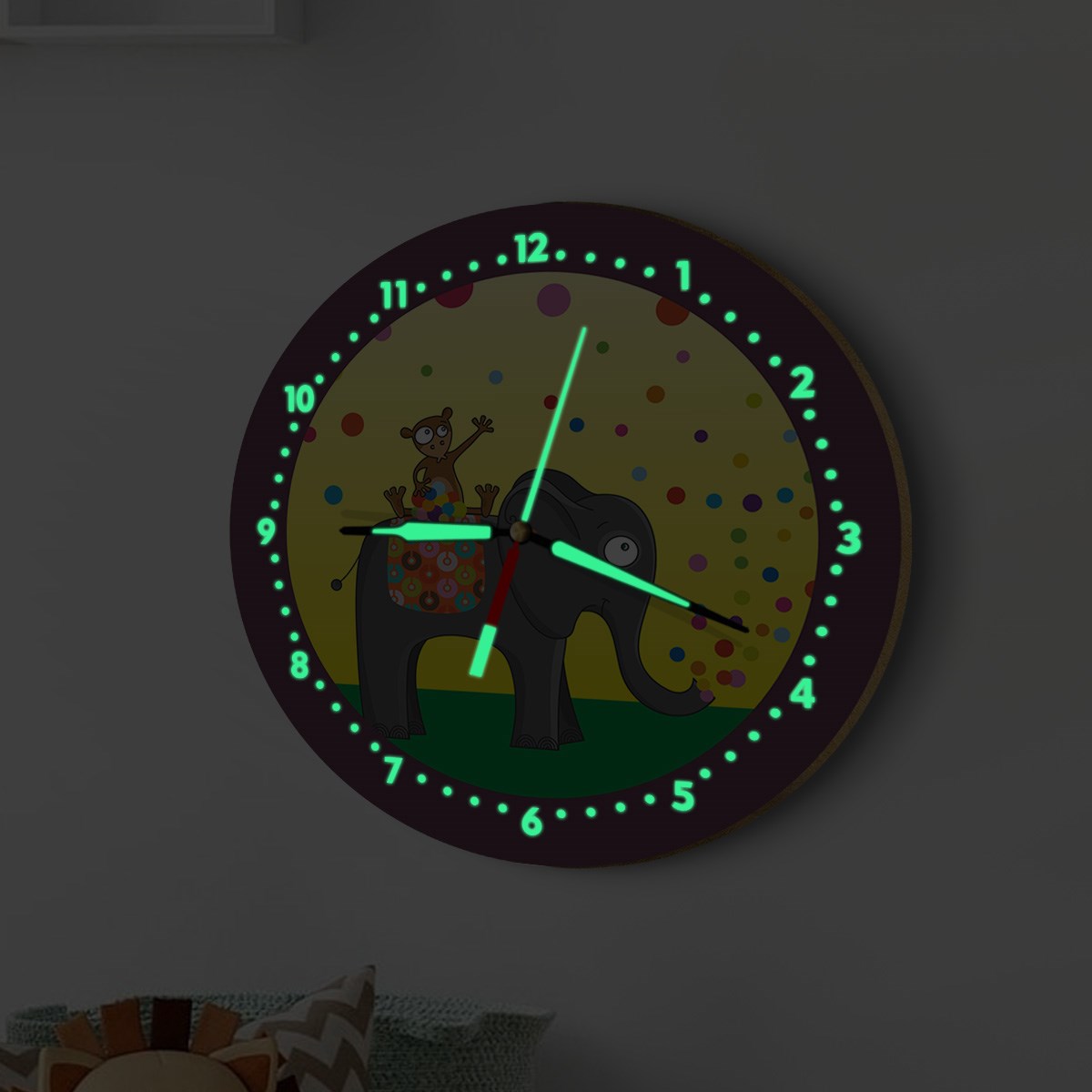 Dekor Loft Fosforlu Gece Parlayan Çocuk Odası Duvar Saati Fil ve Maymun
