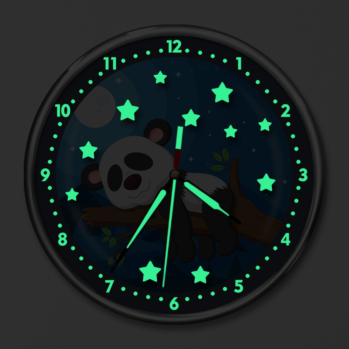 Dekor Loft Kırılmaz Cam Fosforlu Gece Parlayan Premium Çocuk Odası Duvar Saati Uykucu Panda