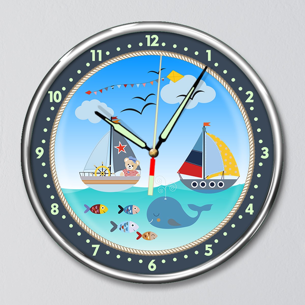 Dekor Loft Kırılmaz Cam Fosforlu Gece Parlayan Premium Çocuk Odası Duvar Saati Denizci Rüyası