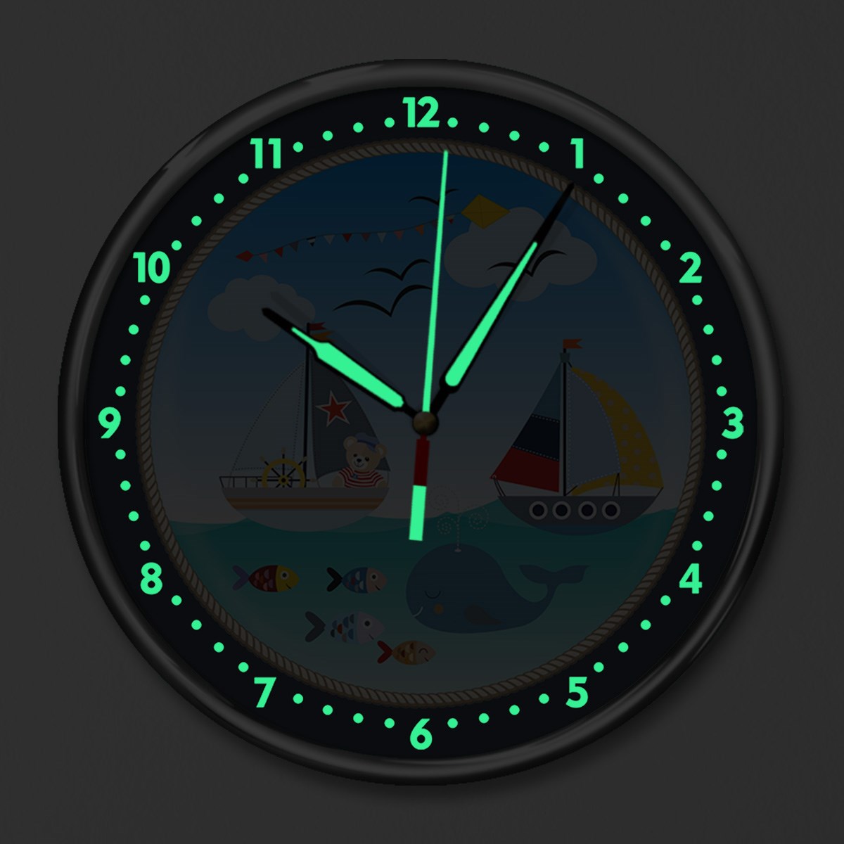 Dekor Loft Kırılmaz Cam Fosforlu Gece Parlayan Premium Çocuk Odası Duvar Saati Denizci Rüyası
