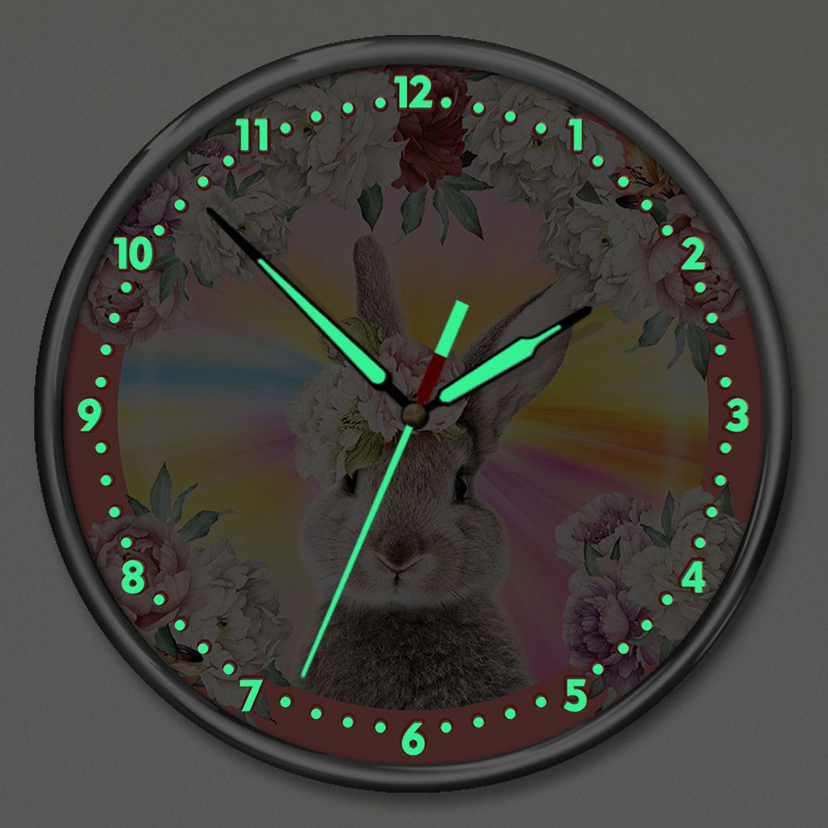 Dekor Loft Kırılmaz Cam Premium Gece Parlayan Çiçekli Tavşan Çocuk Odası Duvar Saati