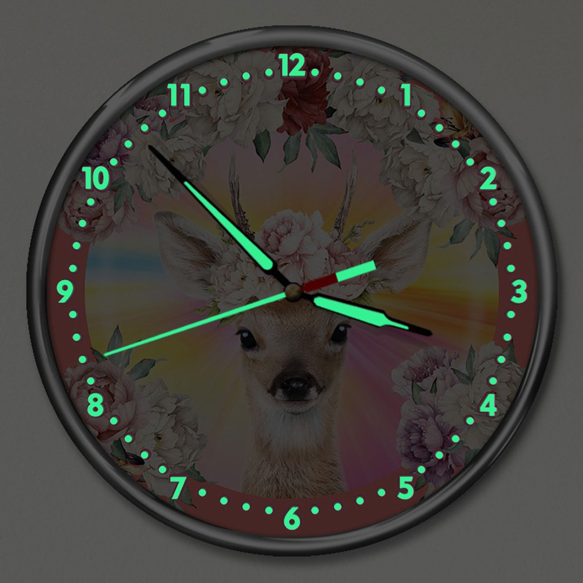 Dekor Loft Kırılmaz Cam Premium Gece Parlayan Çiçekli Ceylan Gökkuşağı Çocuk Odası Duvar Saati