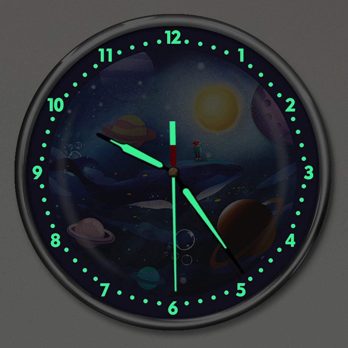 Dekor Loft Kırılmaz Cam Premium Gece Parlayan Uzayda Balina Rüyası Çocuk Odası Duvar Saati