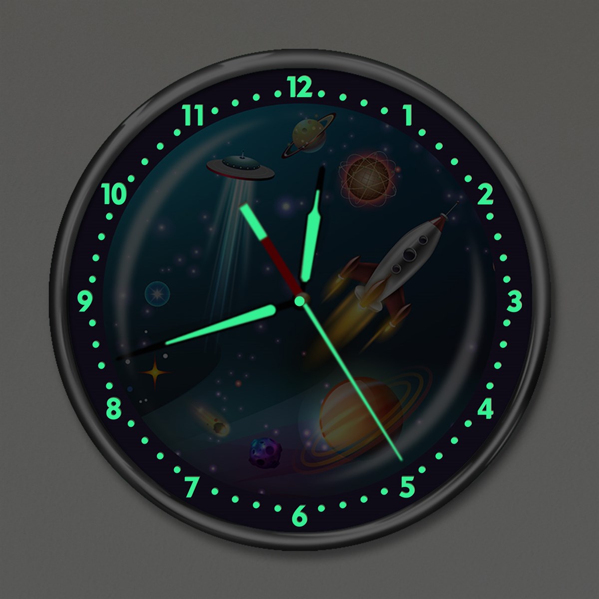 Dekor Loft Premium Gece Parlayan Uzay ve Ufo Çocuk Odası Duvar Saati PFS-1793