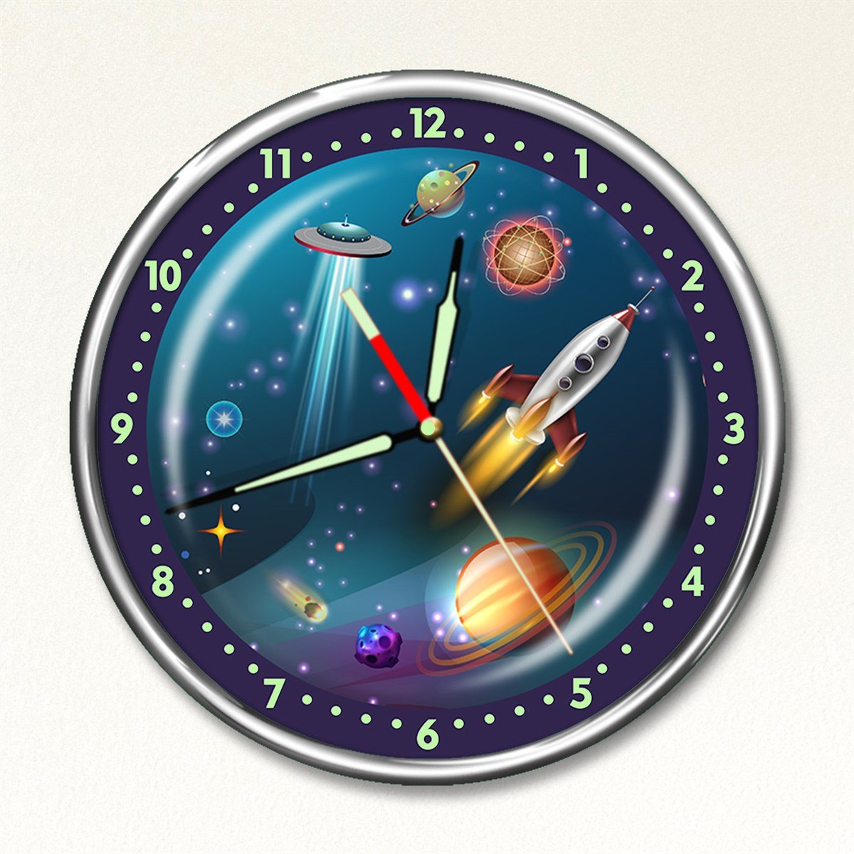 Dekor Loft Premium Gece Parlayan Uzay ve Ufo Çocuk Odası Duvar Saati PFS-1793