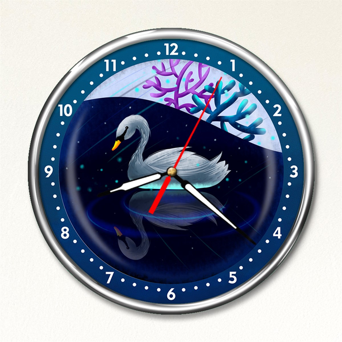 Dekor Loft Premium Selection Yüzen Kuğu, Kırılmaz Mineral Camlı Metal Çerçeveli Duvar Saati