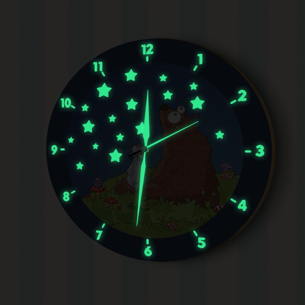 DekorLoft Ayıcık ve Arkadaşı Yıldızlı Fosforlu Çocuk Odası Duvar Saati YFS-1447