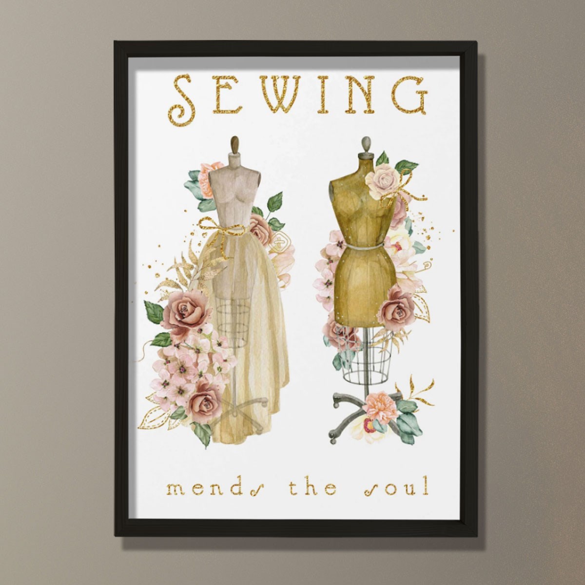 Dikiş Sanatı, Elbise Formu Baskısı, Vintage Çiçekler Dikişi, Terzi Hediyesi, Dikiş Odası Dekoru