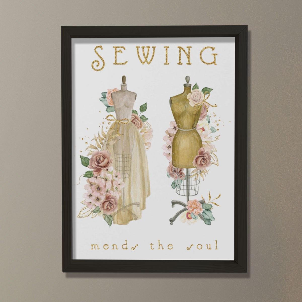 Dikiş Sanatı, Elbise Formu Baskısı, Vintage Çiçekler Dikişi, Terzi Hediyesi, Dikiş Odası Dekoru