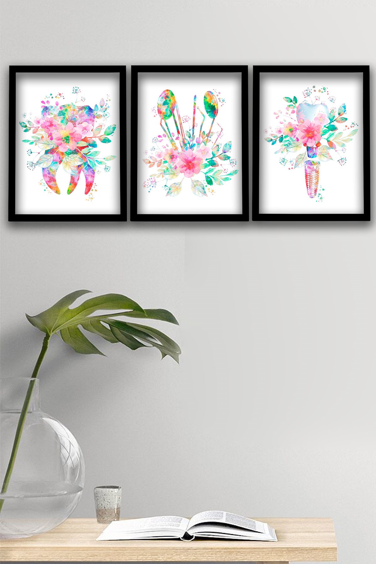 Diş Hekimi, Diş Kliniği, Ortodontist,  Diş İmplant, Diş Araçları Duvar Tablosu 3 lü