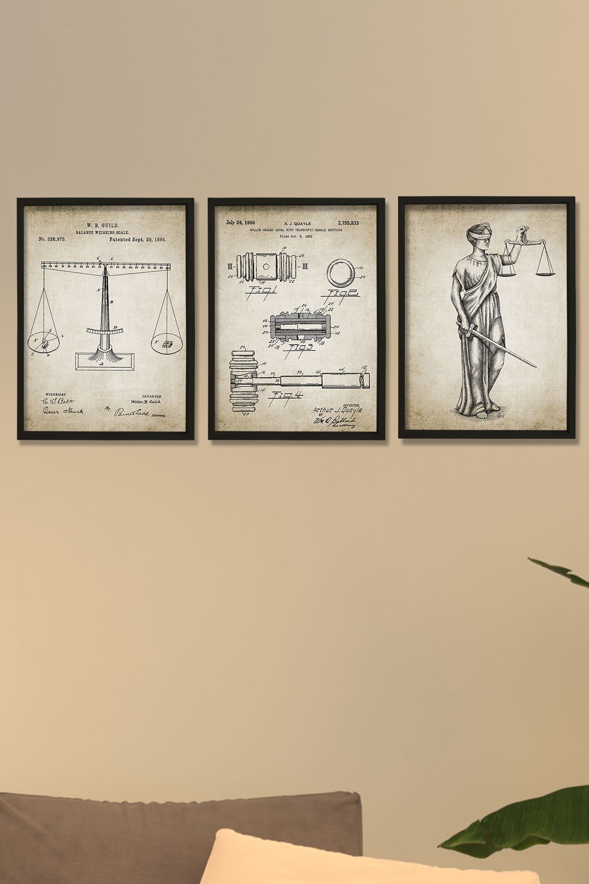 Doğal Çam Çerçeveli Avukat Odası Duvar Tablosu Avukat Adalet Seti Patentleri 1885