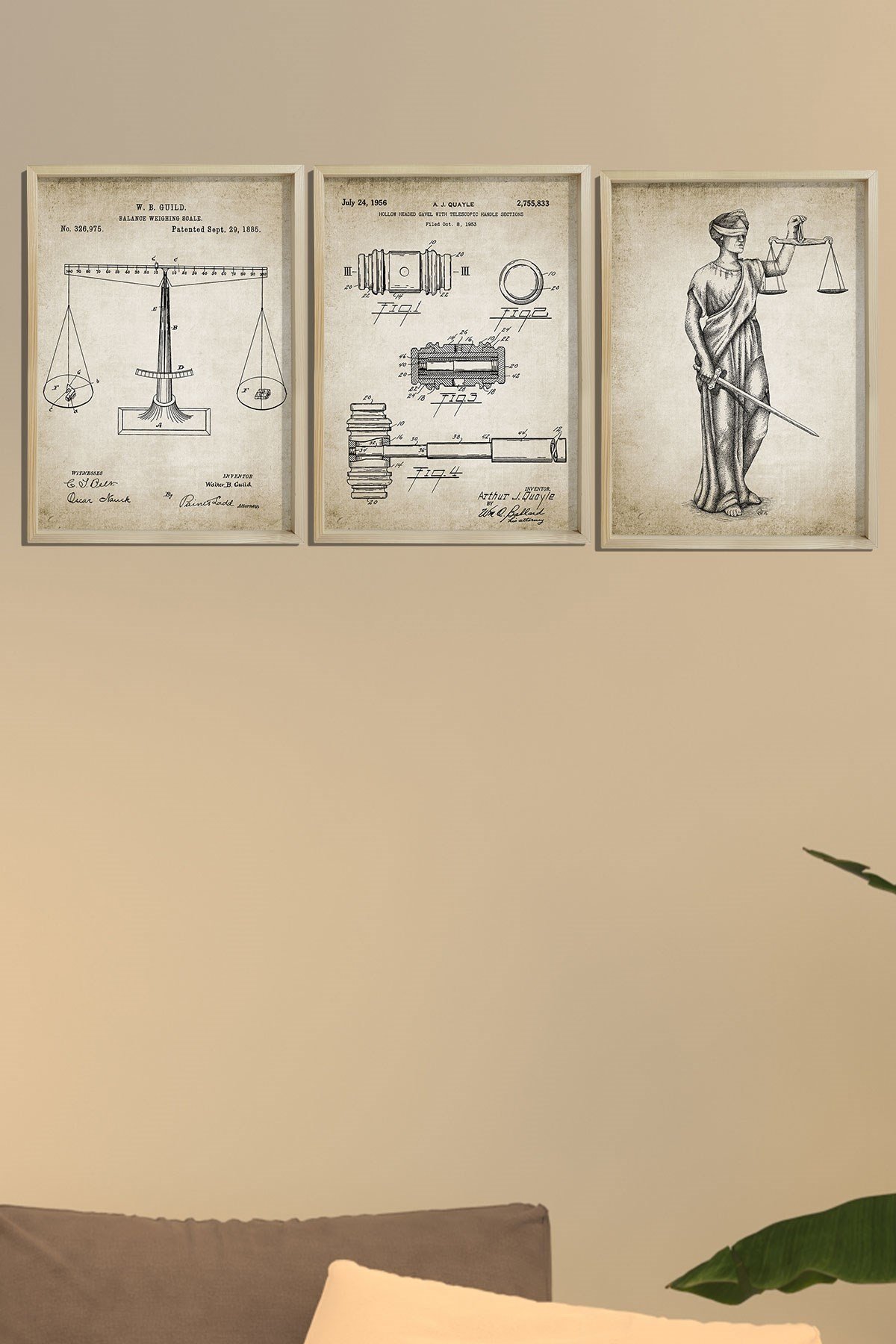 Doğal Çam Çerçeveli Avukat Odası Duvar Tablosu Avukat Adalet Seti Patentleri 1885
