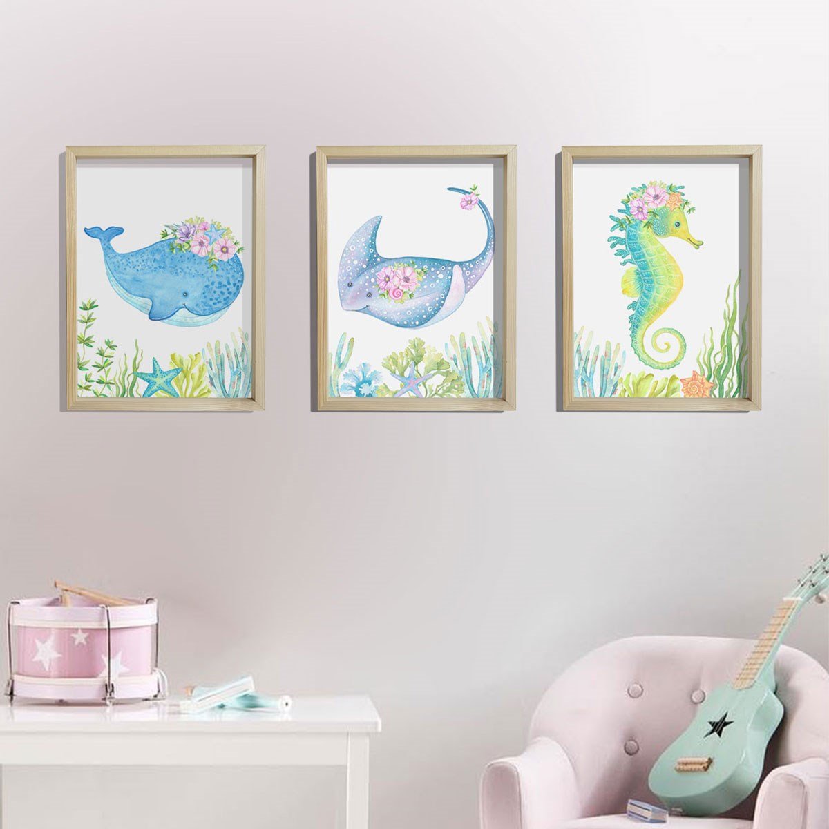 Doğal Çam Çerçeveli Bebek ve Çocuk Odası Duvar Tablosu Çiçekli Deniz Hayvanları